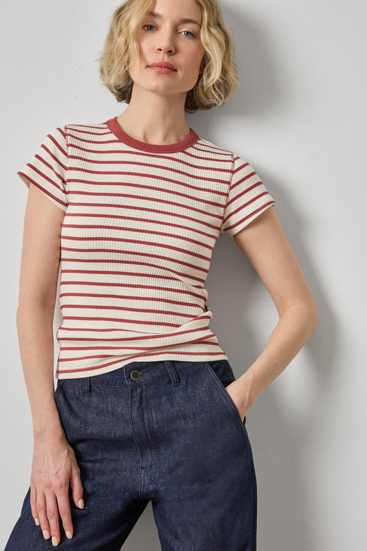 Ribbed Short Sleeve Crew Womens Top Henna Stripe A1
