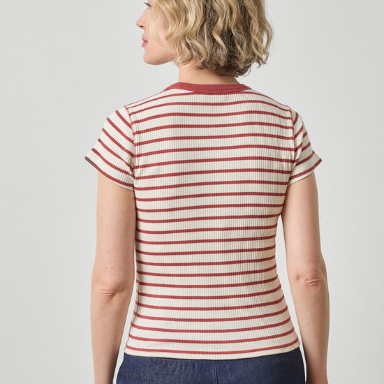 Ribbed Short Sleeve Crew Womens Top Henna Stripe A2