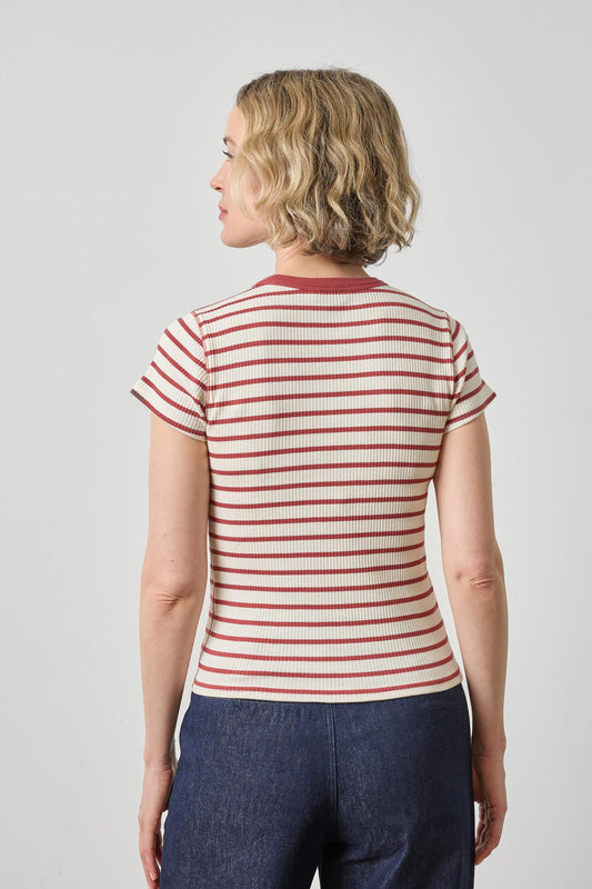 Ribbed Short Sleeve Crew Womens Top Henna Stripe A2