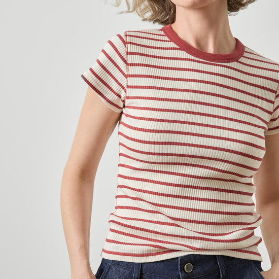 Ribbed Short Sleeve Crew Womens Top Henna Stripe A3