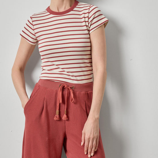 Ribbed Short Sleeve Crew Womens Top Henna Stripe A4