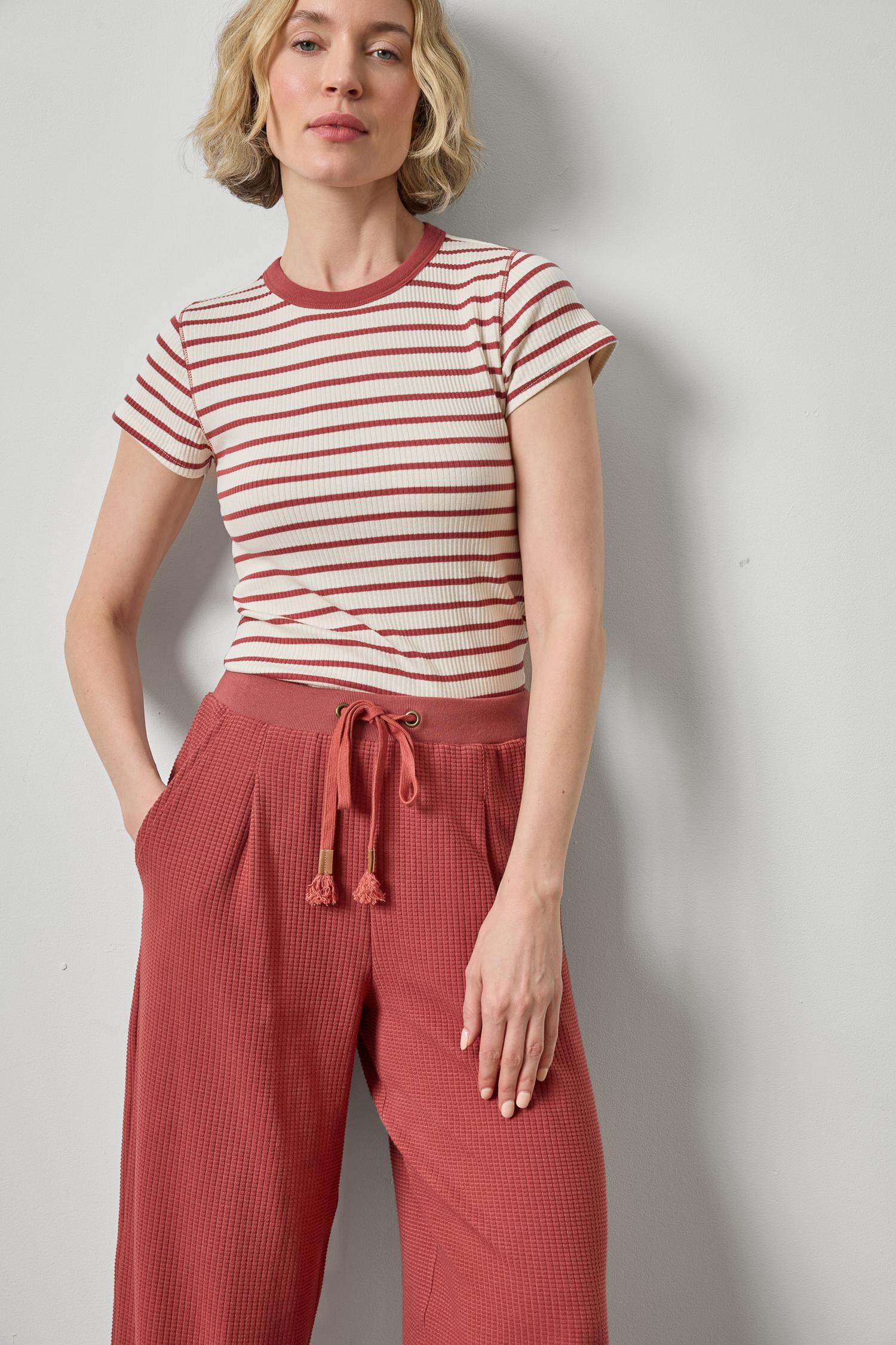 Ribbed Short Sleeve Crew Womens Top Henna Stripe A4