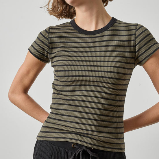 Ribbed Short Sleeve Crew Womens Top Olive Stripe A1