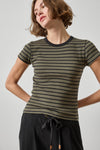 Ribbed Short Sleeve Crew Womens Top Olive Stripe A1