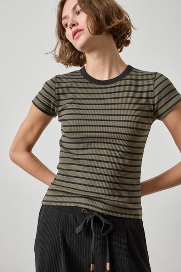 Ribbed Short Sleeve Crew Womens Top Olive Stripe A1