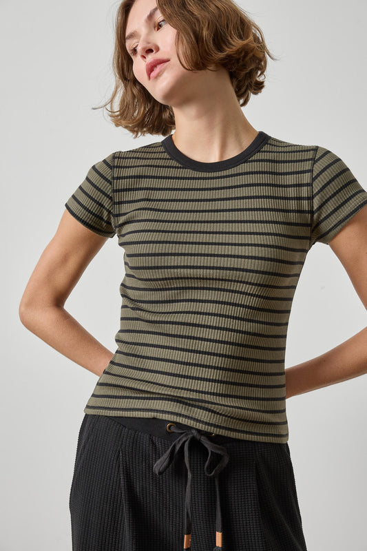 Ribbed Short Sleeve Crew Womens Top Olive Stripe A1