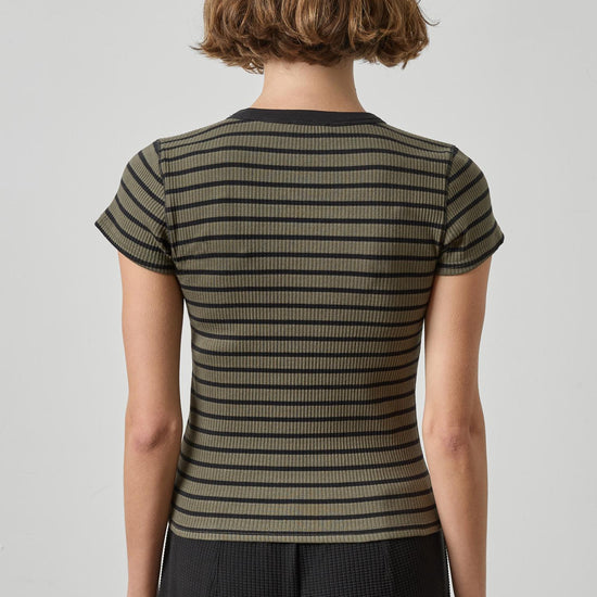 Ribbed Short Sleeve Crew Womens Top Olive Stripe A2