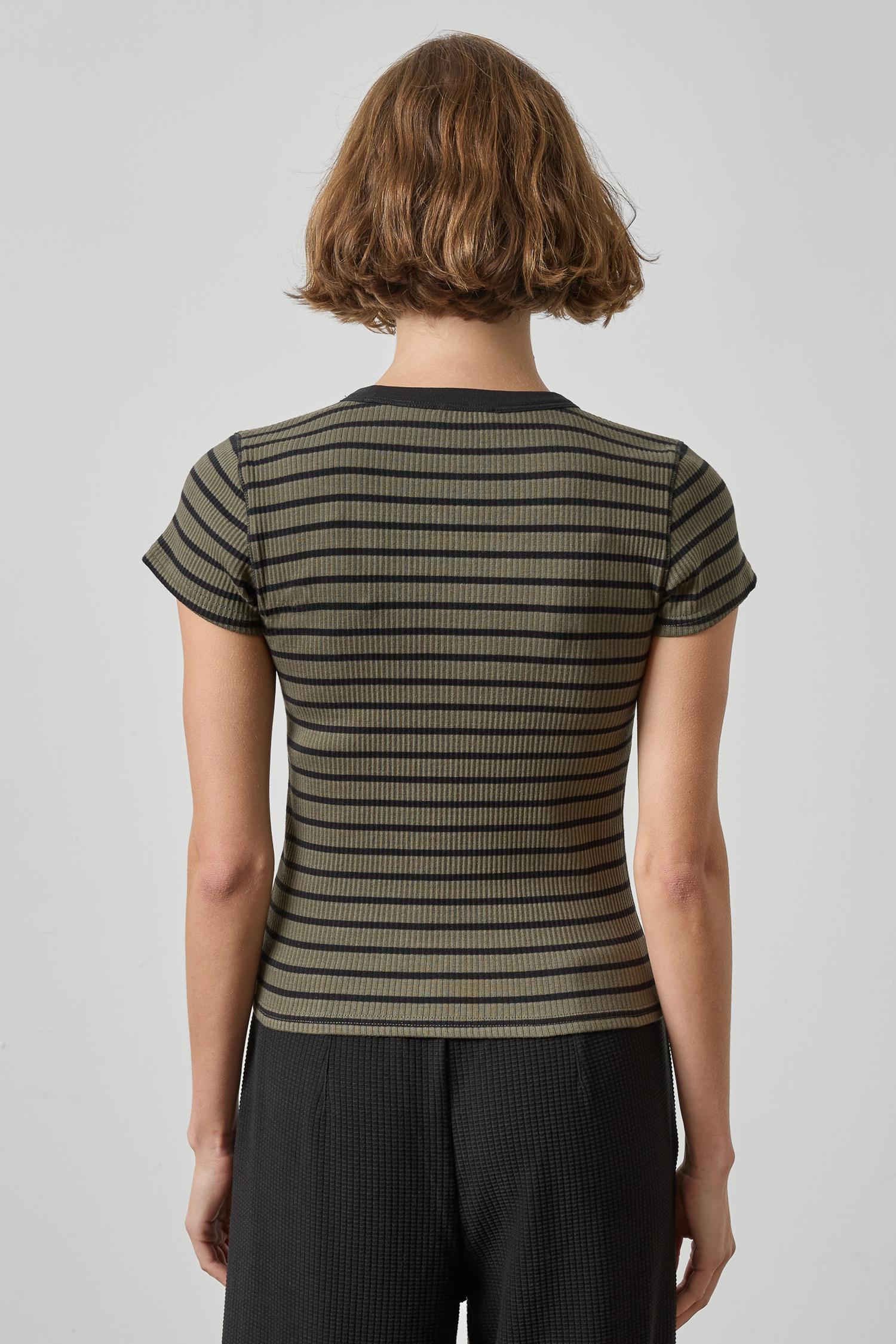Ribbed Short Sleeve Crew Womens Top Olive Stripe A2