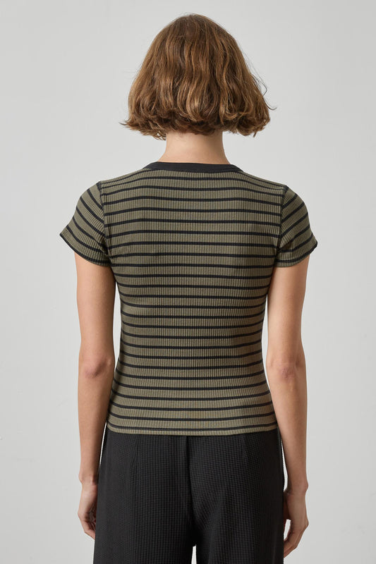 Ribbed Short Sleeve Crew Womens Top Olive Stripe A2