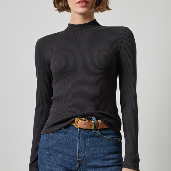Ribbed Long Sleeve Mock Womens Top Black A1