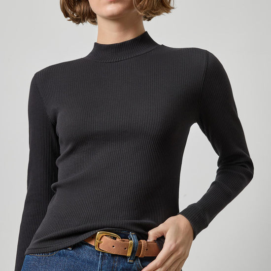Ribbed Long Sleeve Mock Womens Top Black A3