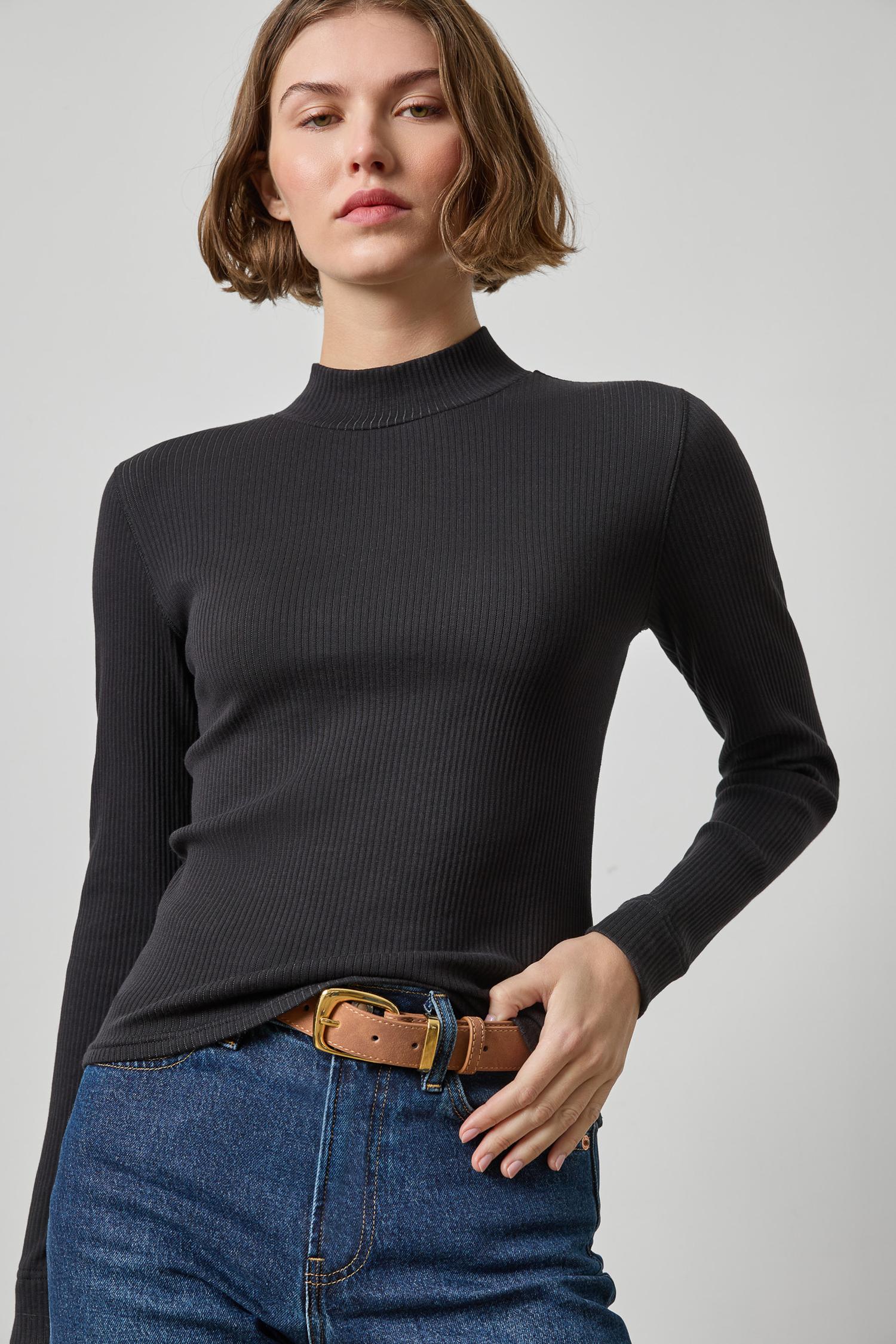 Ribbed Long Sleeve Mock Womens Top Black A3