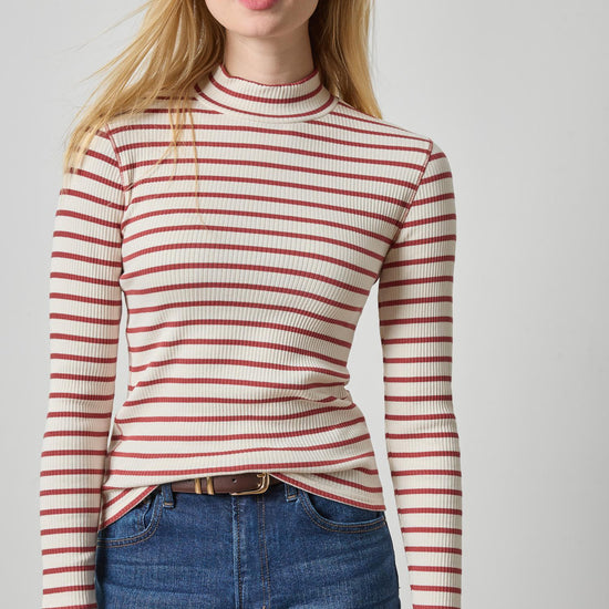 Ribbed Long Sleeve Mock Womens Top Henna Stripe A1