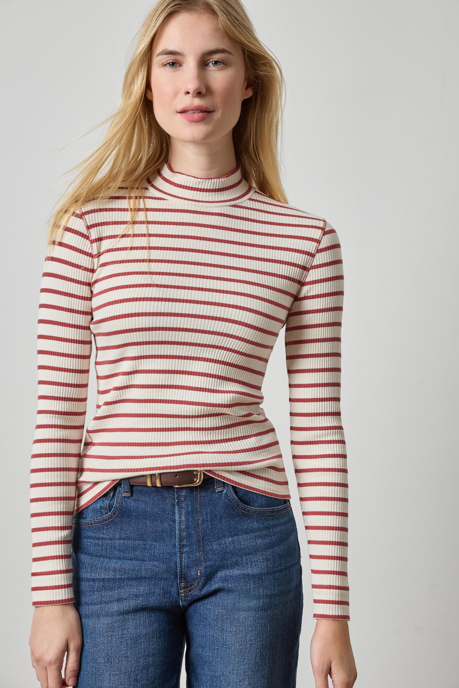 Ribbed Long Sleeve Mock Womens Top Henna Stripe A1