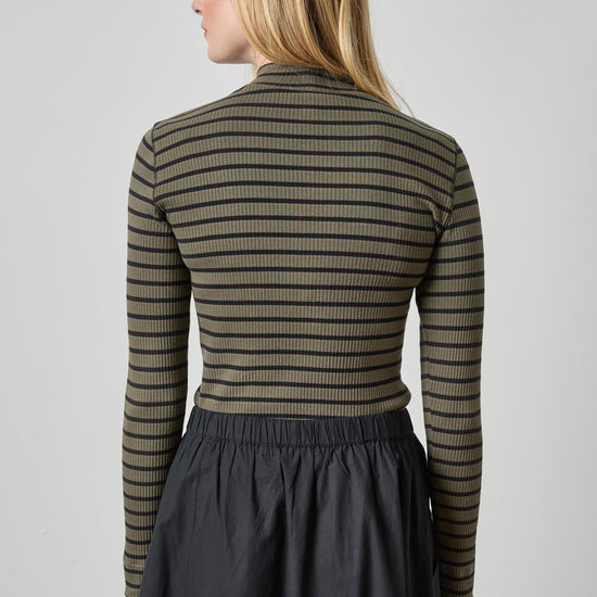 Ribbed Long Sleeve Mock Womens Top Olive Stripe A2