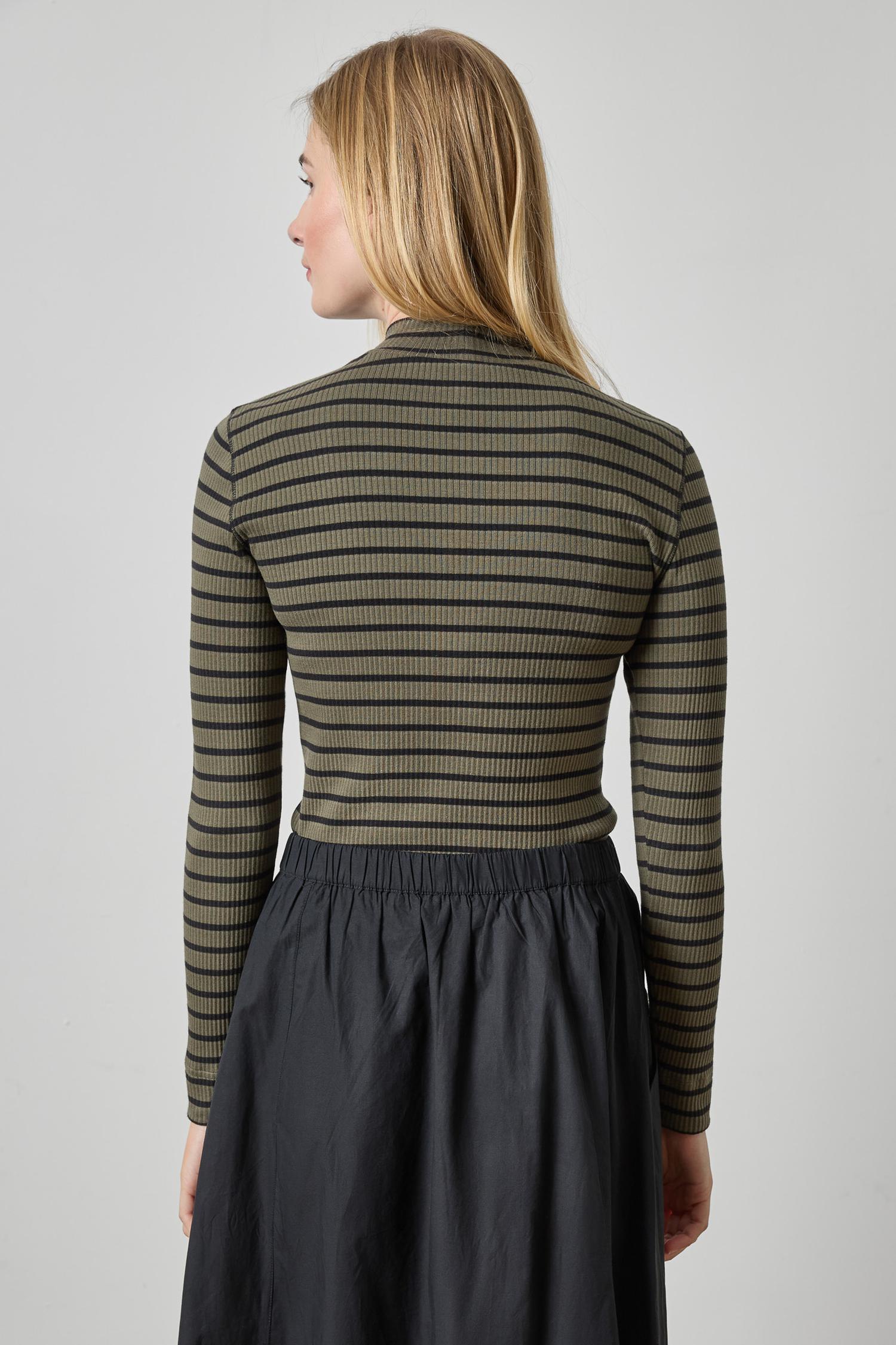 Ribbed Long Sleeve Mock Womens Top Olive Stripe A2