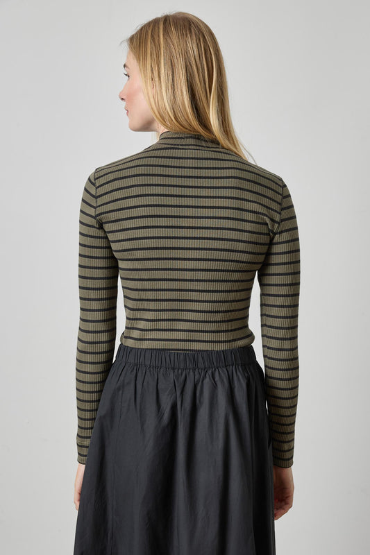 Ribbed Long Sleeve Mock Womens Top Olive Stripe A2