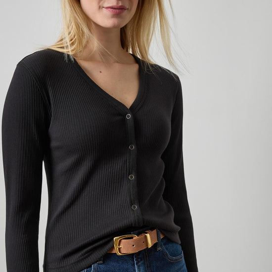 Button Front Ribbed Cardigan Womens Top Black A1