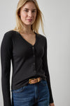Button Front Ribbed Cardigan Womens Top Black A1