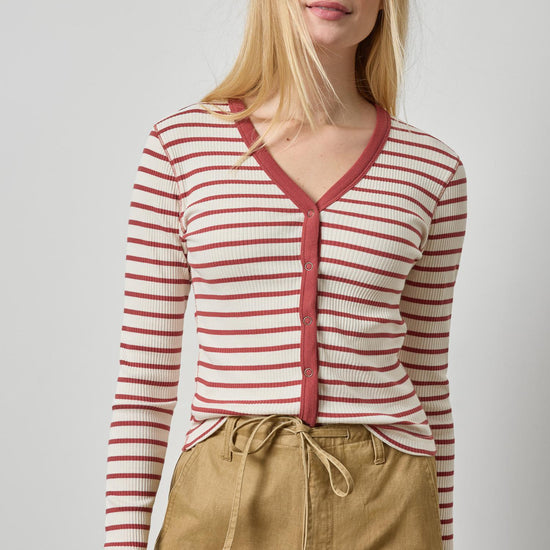 Button Front Ribbed Cardigan Womens Top Henna Stripe A1