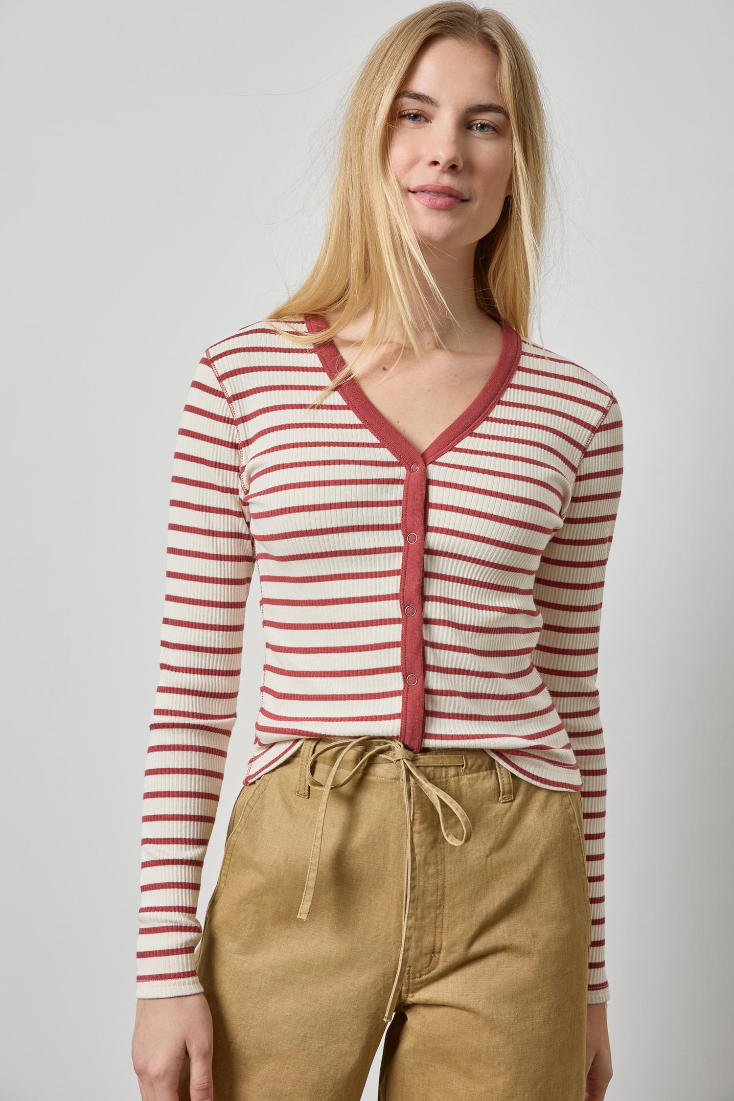 Button Front Ribbed Cardigan Womens Top Henna Stripe A1