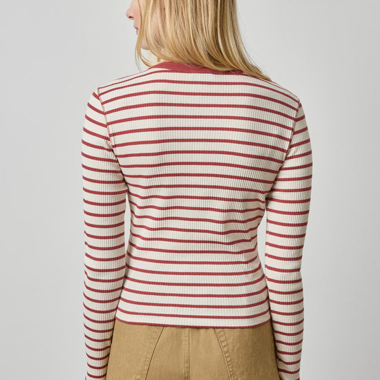 Button Front Ribbed Cardigan Womens Top Henna Stripe A2