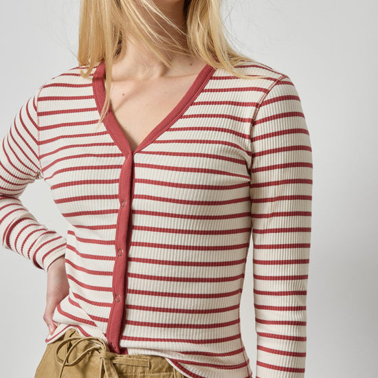 Button Front Ribbed Cardigan Womens Top Henna Stripe A4