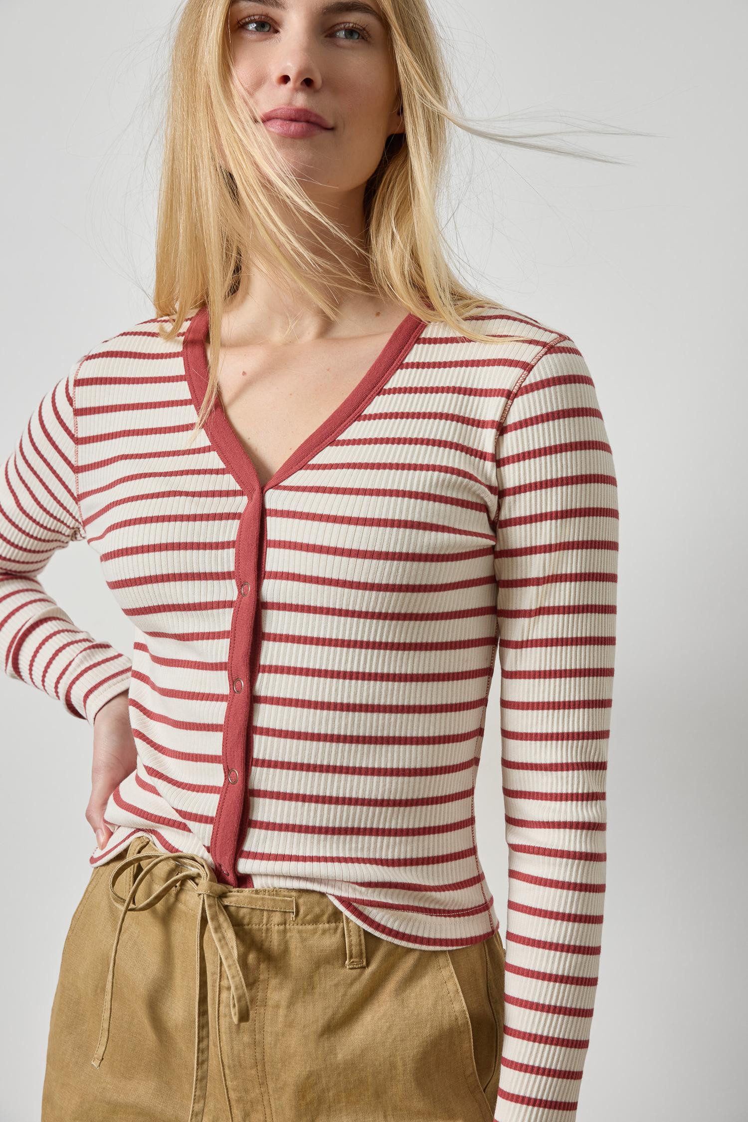 Button Front Ribbed Cardigan Womens Top Henna Stripe A4