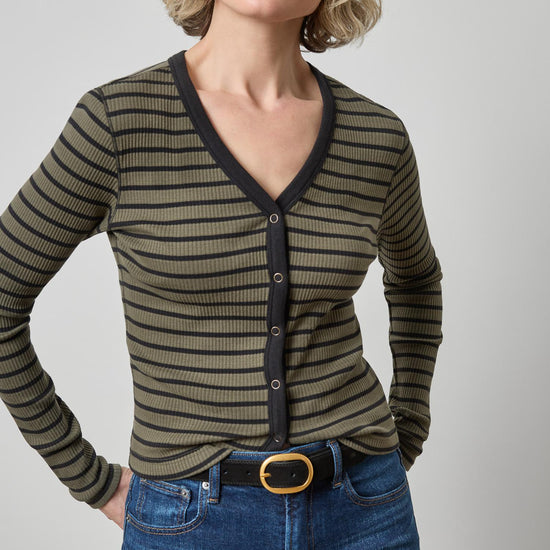 Button Front Ribbed Cardigan Womens Top Olive Stripe A1