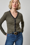 Button Front Ribbed Cardigan Womens Top Olive Stripe A1