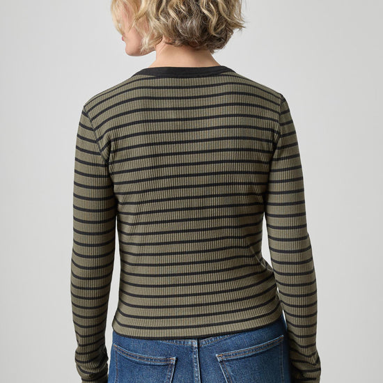 Button Front Ribbed Cardigan Womens Top Olive Stripe A2