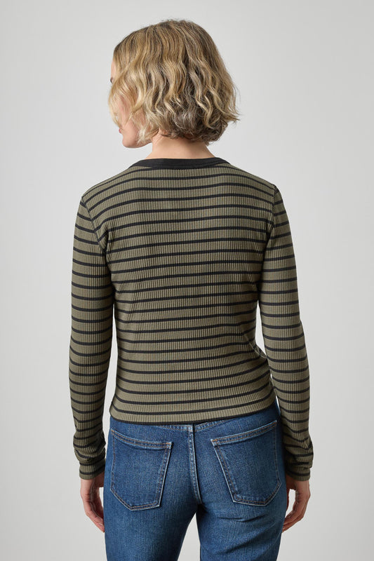 Button Front Ribbed Cardigan Womens Top Olive Stripe A2