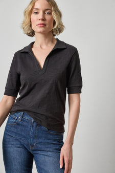 Elbow Sleeve Collared Split Neck in color Black Image A1