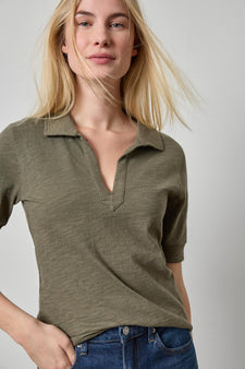 Elbow Sleeve Collared Split Neck in color Olive Image A1