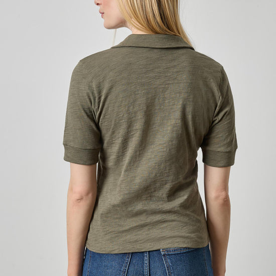 Elbow Sleeve Collared Split Neck in color Olive Image A2