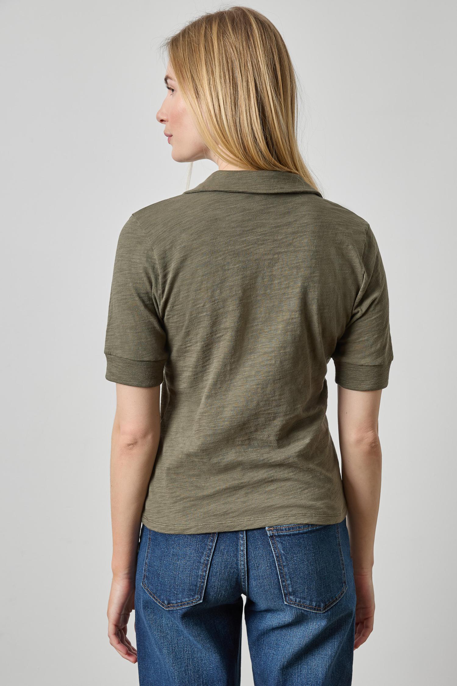 Elbow Sleeve Collared Split Neck in color Olive Image A2