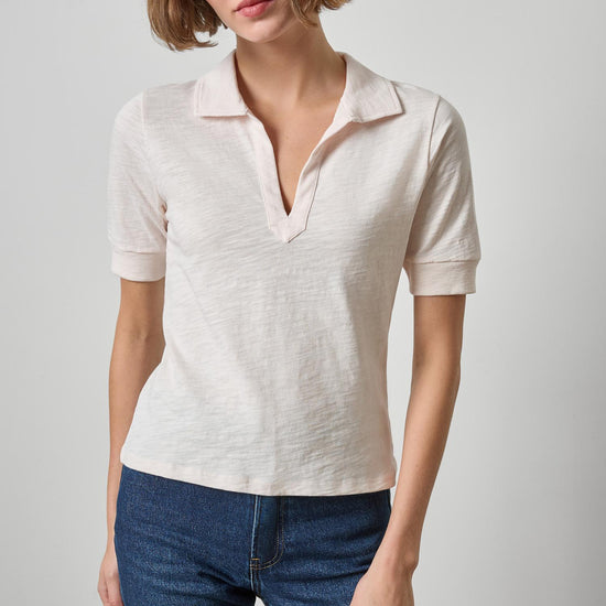 Elbow Sleeve Collared Split Neck in color Tearose Image A1