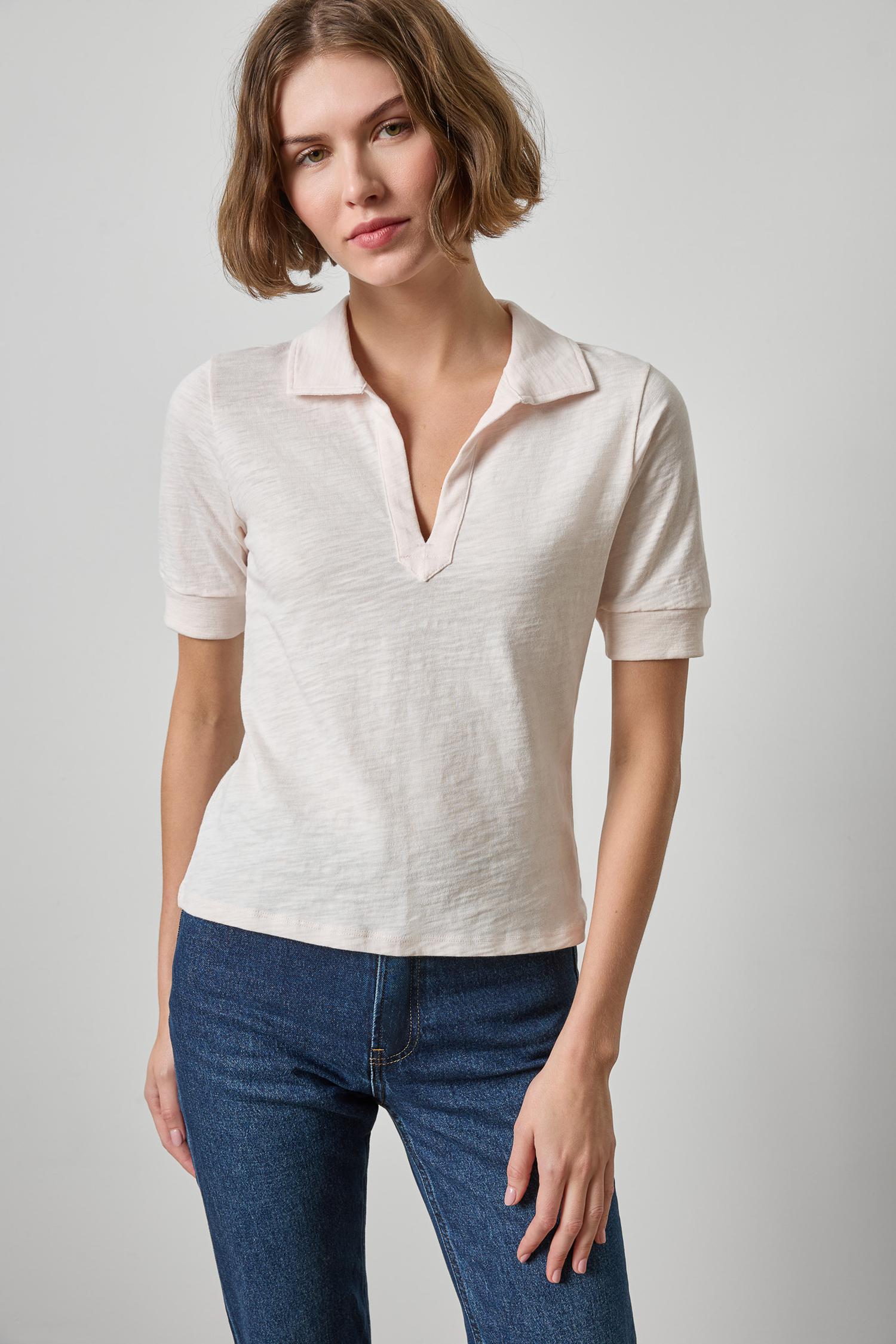 Elbow Sleeve Collared Split Neck in color Tearose Image A1