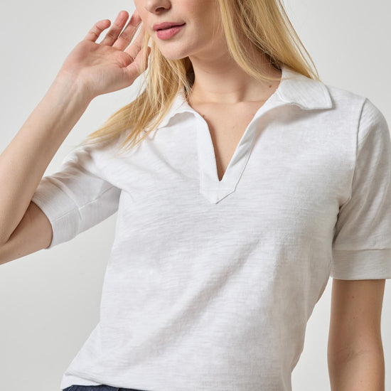 Elbow Sleeve Collared Split Neck in color White Image A1