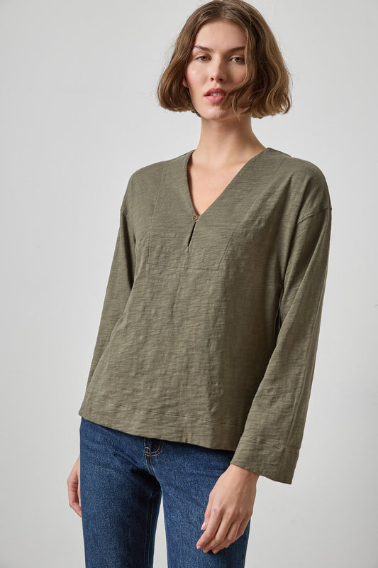 Keyhole Easy Cuffed Tee Womens Top Olive A1