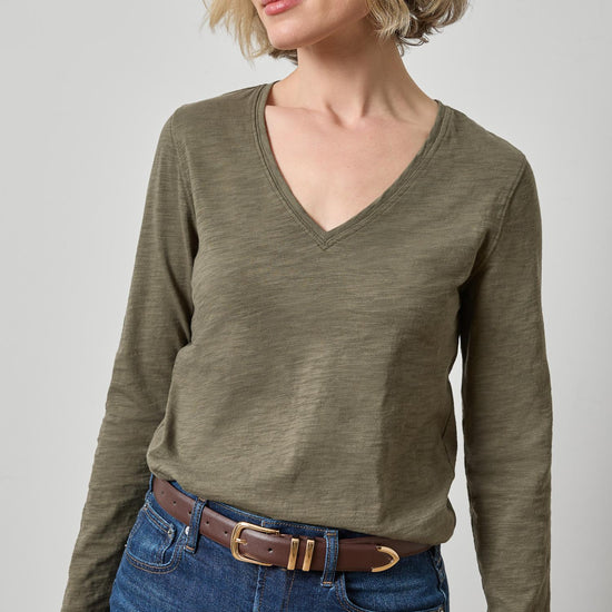 Long Sleeve V-Neck in color Olive Image A1