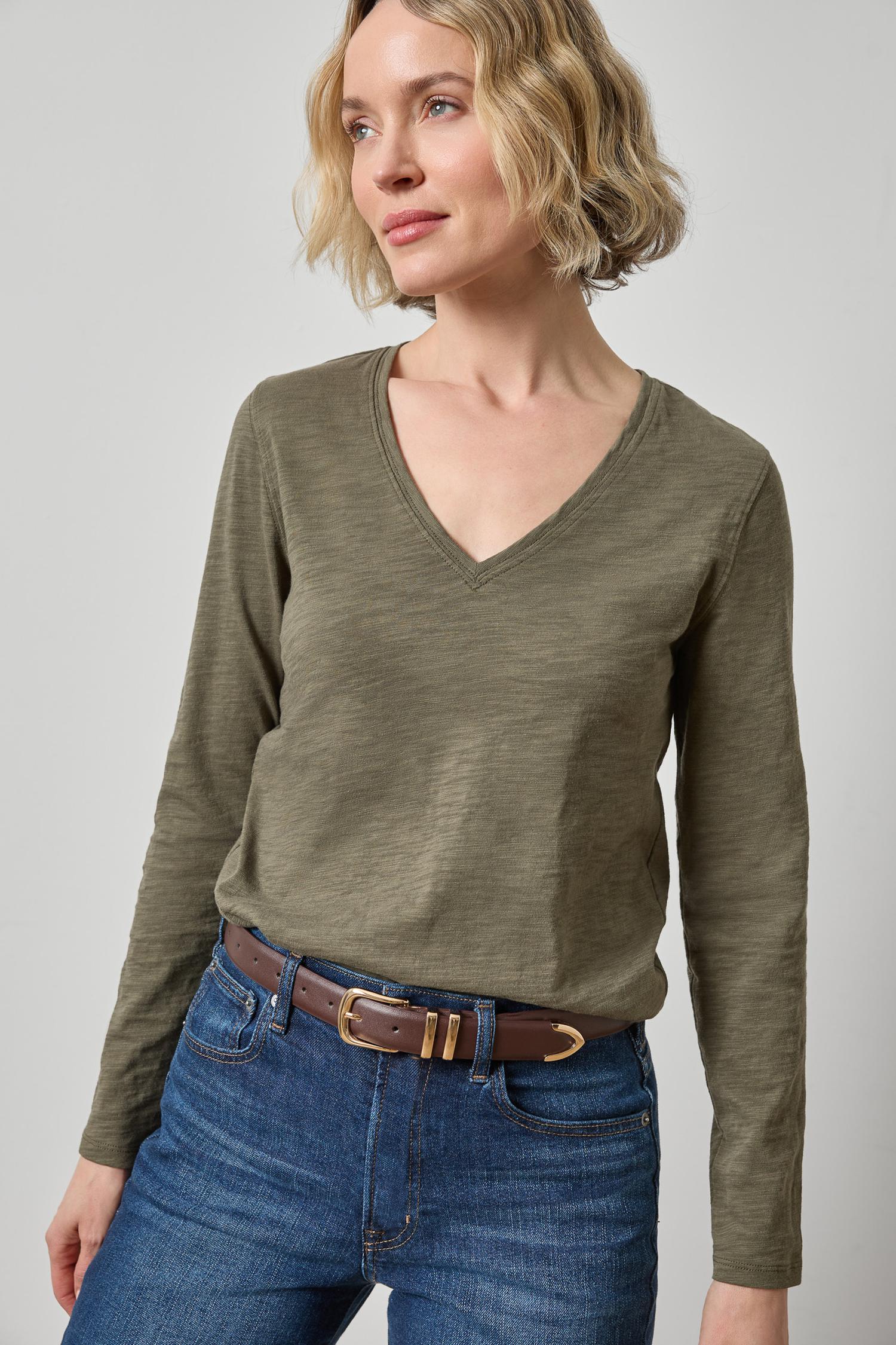 Long Sleeve V-Neck in color Olive Image A1