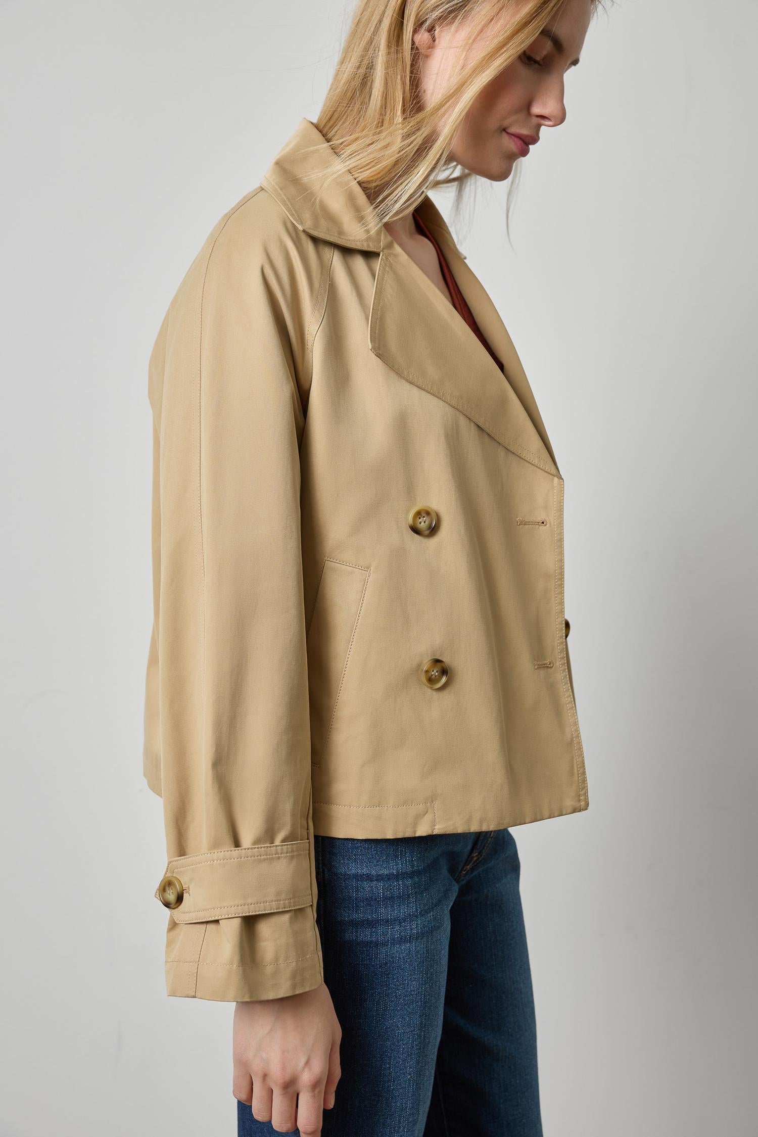 Double Breasted Short Trench Womens Jacket Khaki A3