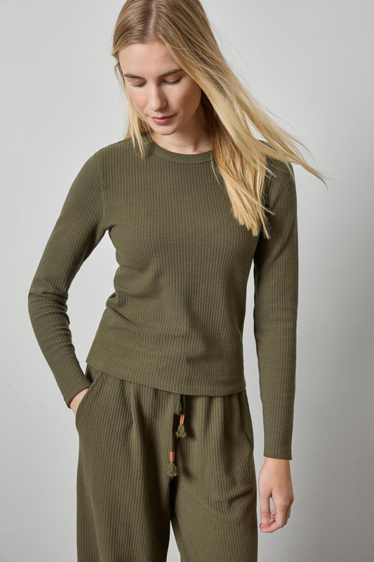 Slim Long Sleeve Crew Womens Top Olive A1