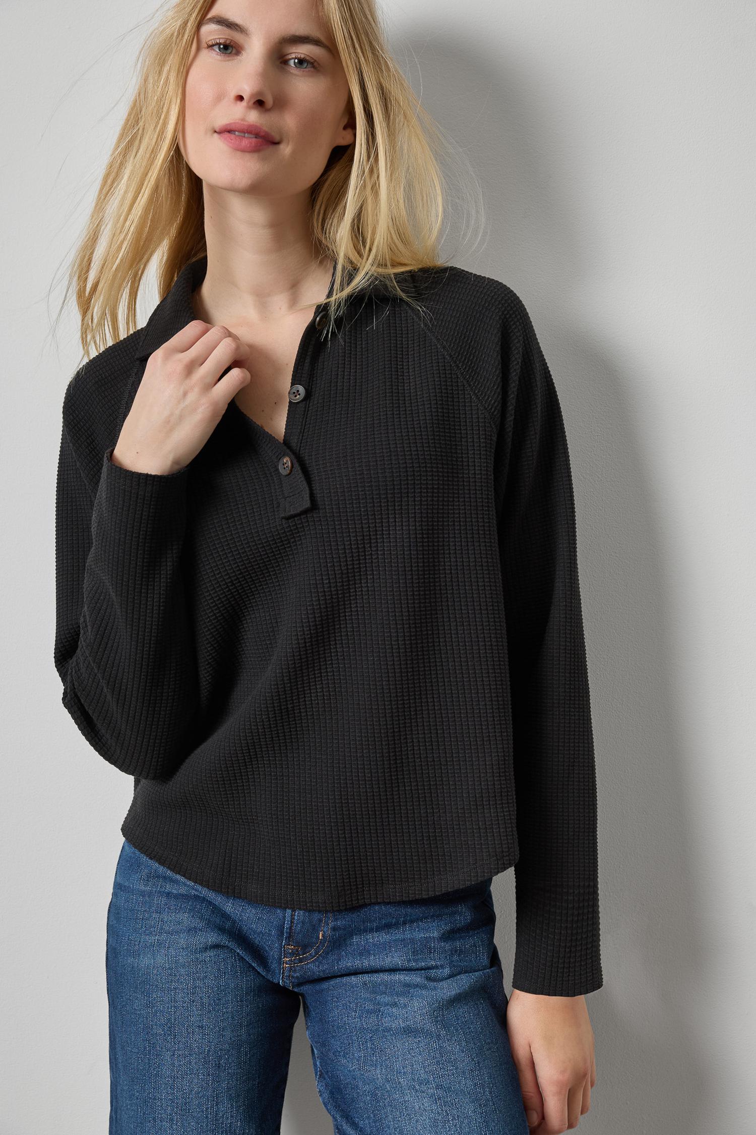 Raglan Polo Womens Top Black A1