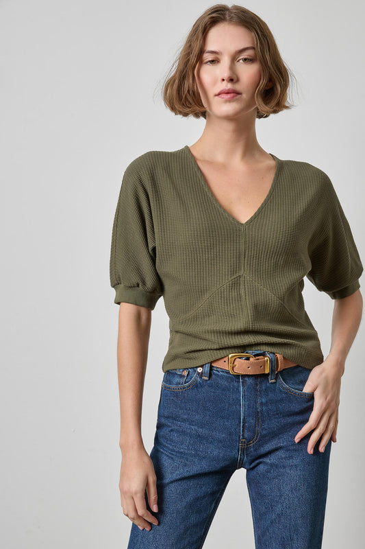 Seamed V-Neck Top Womens Top Olive A1