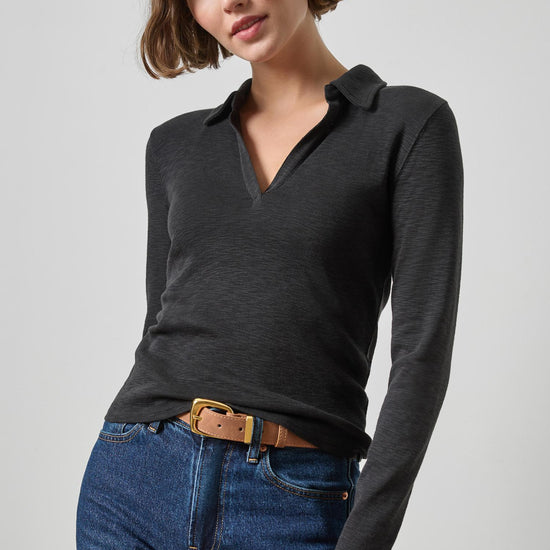 Long Sleeve Polo Neck Womens Top Black A1
