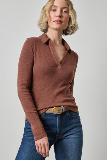 Long Sleeve Polo Neck Womens Top Chestnut A1