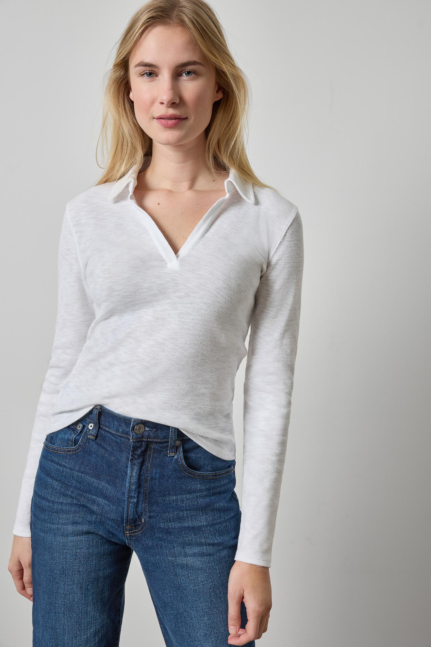 Long Sleeve Polo Neck Womens Top White A1