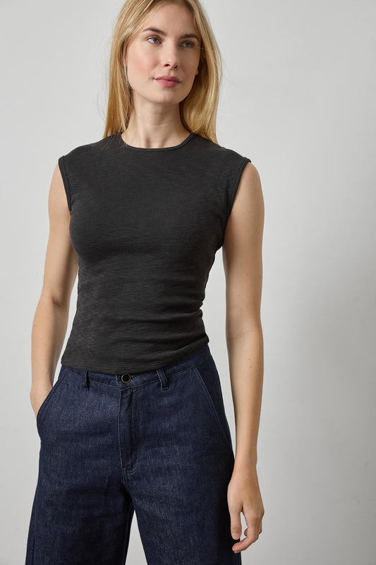 Extended Shoulder Slim Tee Womens Top Black A1